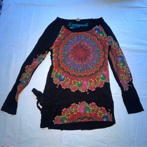Desigual Women's Black Floral Top Floral Long Sleeve Top Sz Medium Multicolor